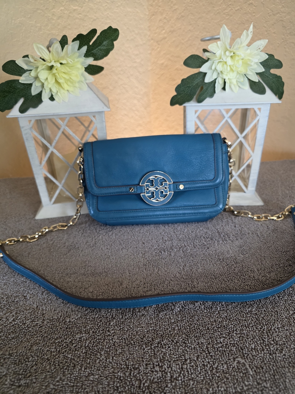 Tory Burch Teal Blue Leather Crossbody with Gold Logo Chain